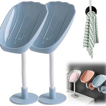 Wall-Mounted Countertop Dual-Purpose Soap Box, Soap Dish Holder for Shower Bathroom Kitchen, Soap Box Holder with Suction Cups, Self-Draining Soap Holder 2*Blue