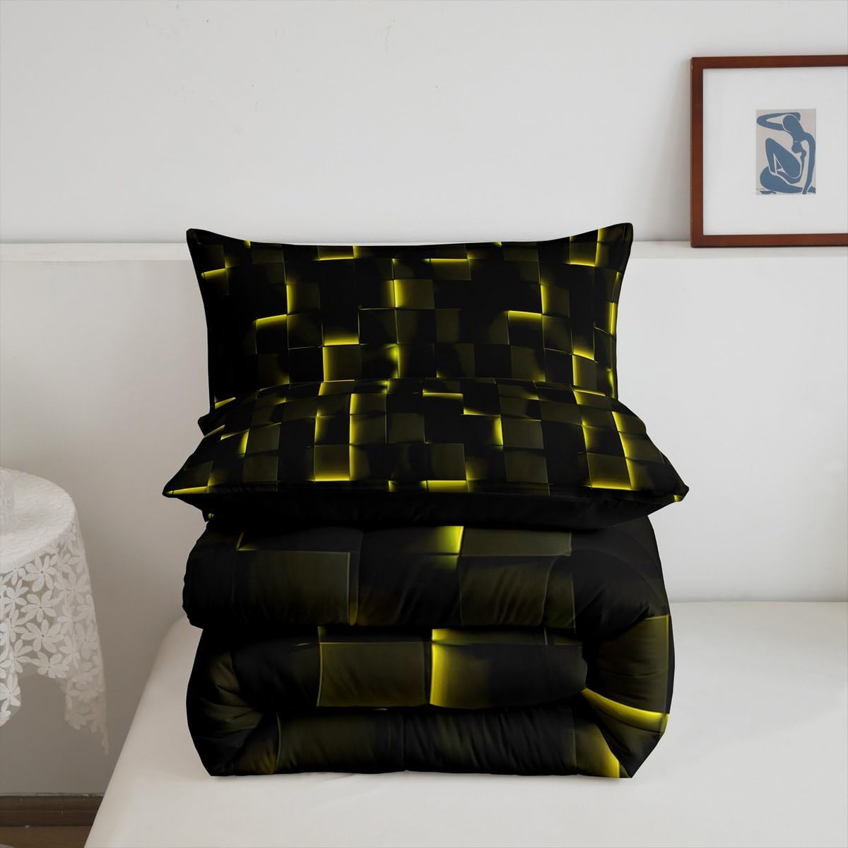 Erosebridal Neon Black Yellow Twin Comforter Set,3D Geometric Checkered Bedding Sets,Plaid Abstract Quilt Bed Set,Video Game Bedroom Decor for Kids Boys Girls,1 Pillowcase