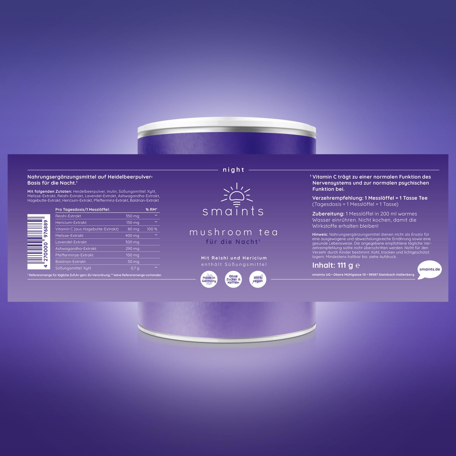 smaints Mushroom Tea | Komplex-Formel mit Reishi, Hericium, Melisse, Baldrian, Ashwagandha & Vitamin C | Perfekt vor dem Schlafengehen | Superfood Vitalpilze