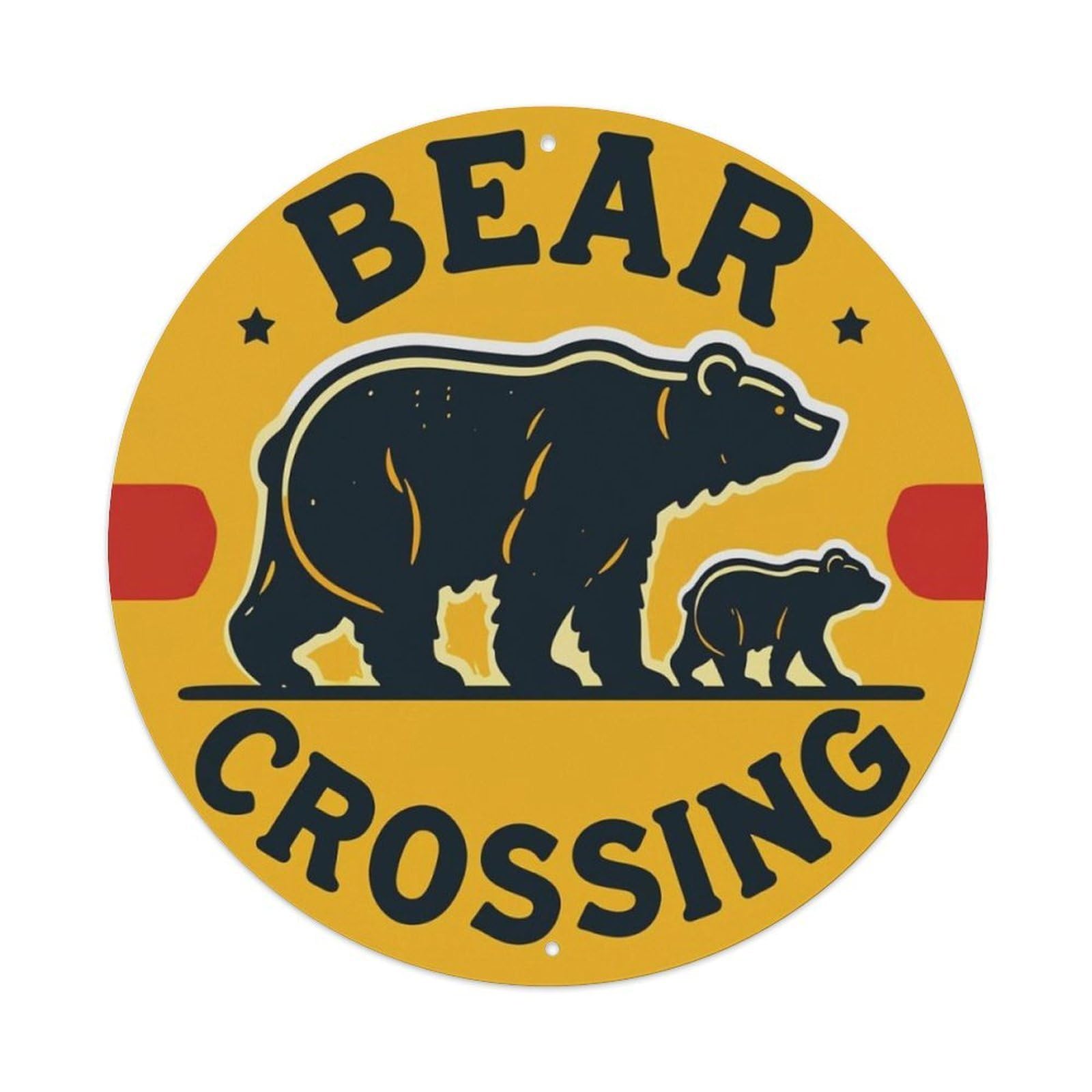 Bear Crossing Warning Outdoor Round Decor Sign Vintage Aluminium Metal Sign, Retro Wall Decor for Home, Bar, Garage & Farmhouse 20x20cm