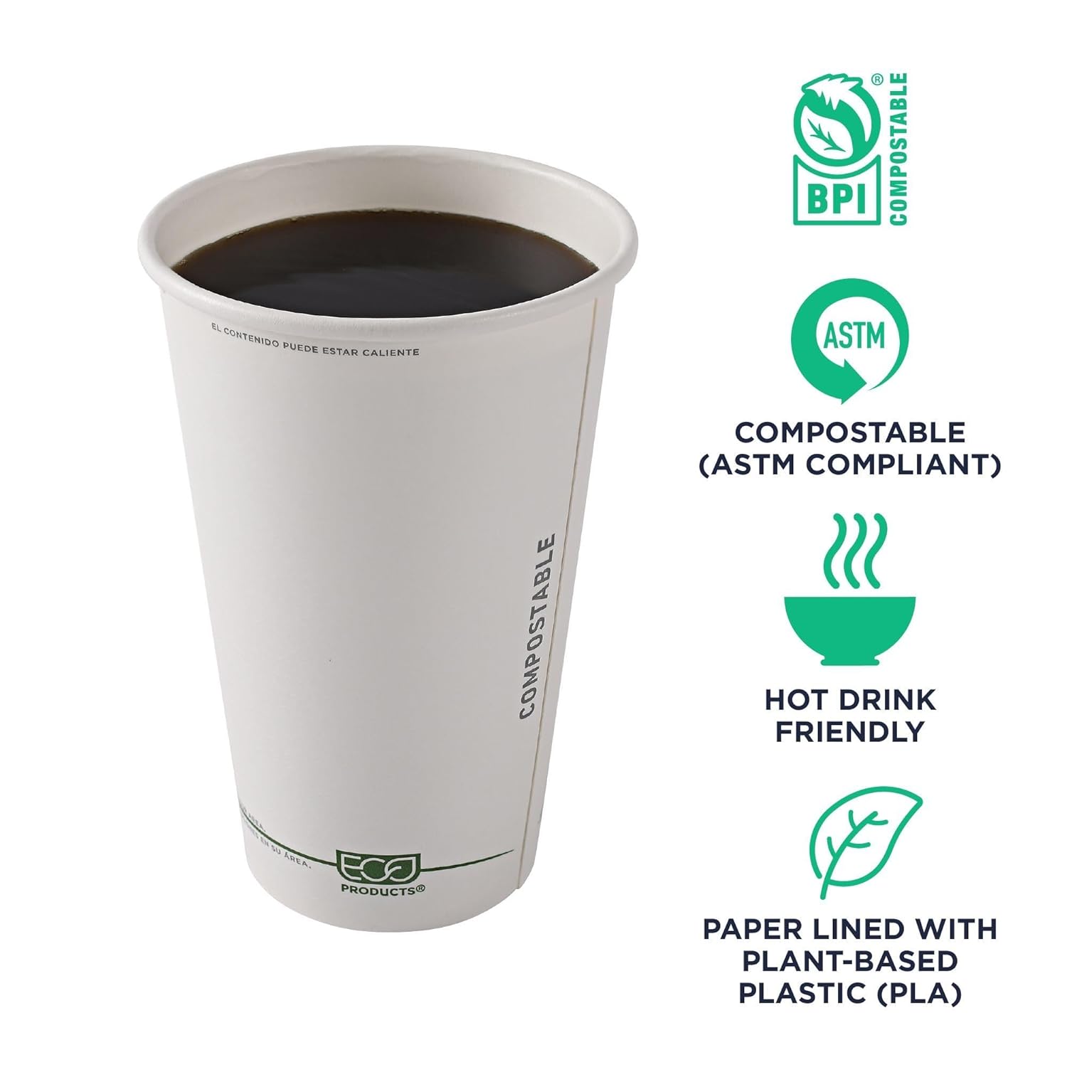ECO PRODUCTS Compostable Disposable GreenStripe 16oz Coffee Cups, Case of 1000, White Single Wall Hot Paper Cup, Plant Based PLA Lining, Biodegradable
