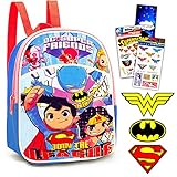 DC Super Hero Mini Backpack - 4 Pc Bundle with 11' Superhero Preschool Toddler Backpack, Stickers, Door Hanger | Featuring Batman, Wonder Woman, Superman, More