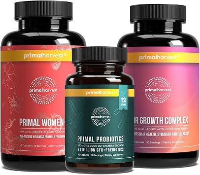Primal Harvest Womens Bundle 30 Day Supply Womens+ Multivitamin, Primal Hair Support, and Primal Probiotic for Womens Health and Vitality