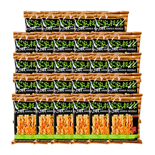 A-SHA Healthy Ramen Noodles, Wide Hakka Style Noodles with Original Sauce, Vegetarian Noodles, Flat, Wide Noodles, 1 Case, 29 Servings Total