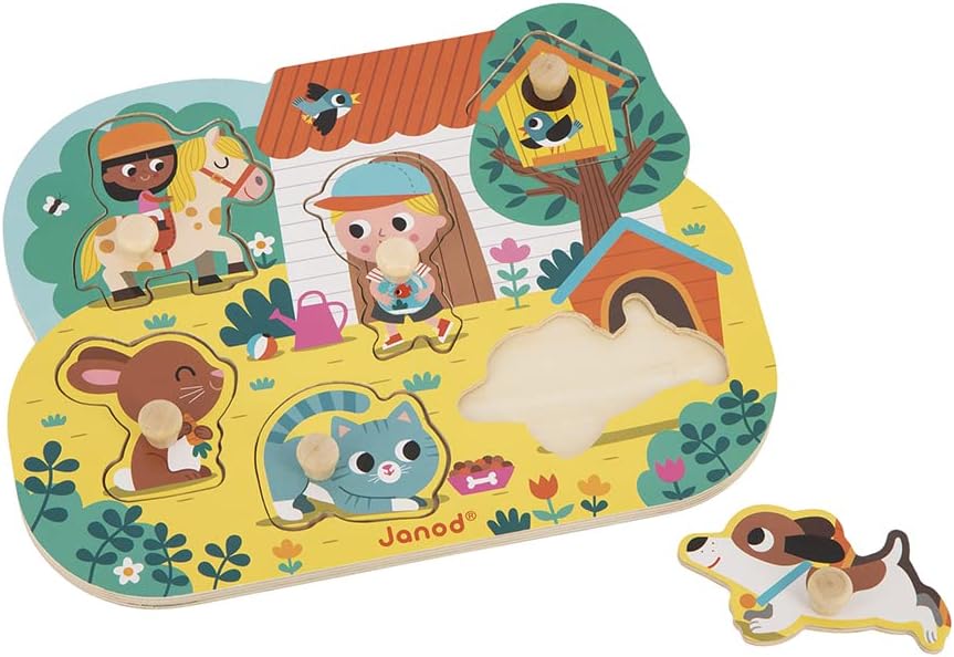 Janod - Babies’ Wooden Puzzle - 6 Pieces with Pegs - Countryside Theme - Recessed Puzzle - Early-Learning Toy - 18 Months + J07107