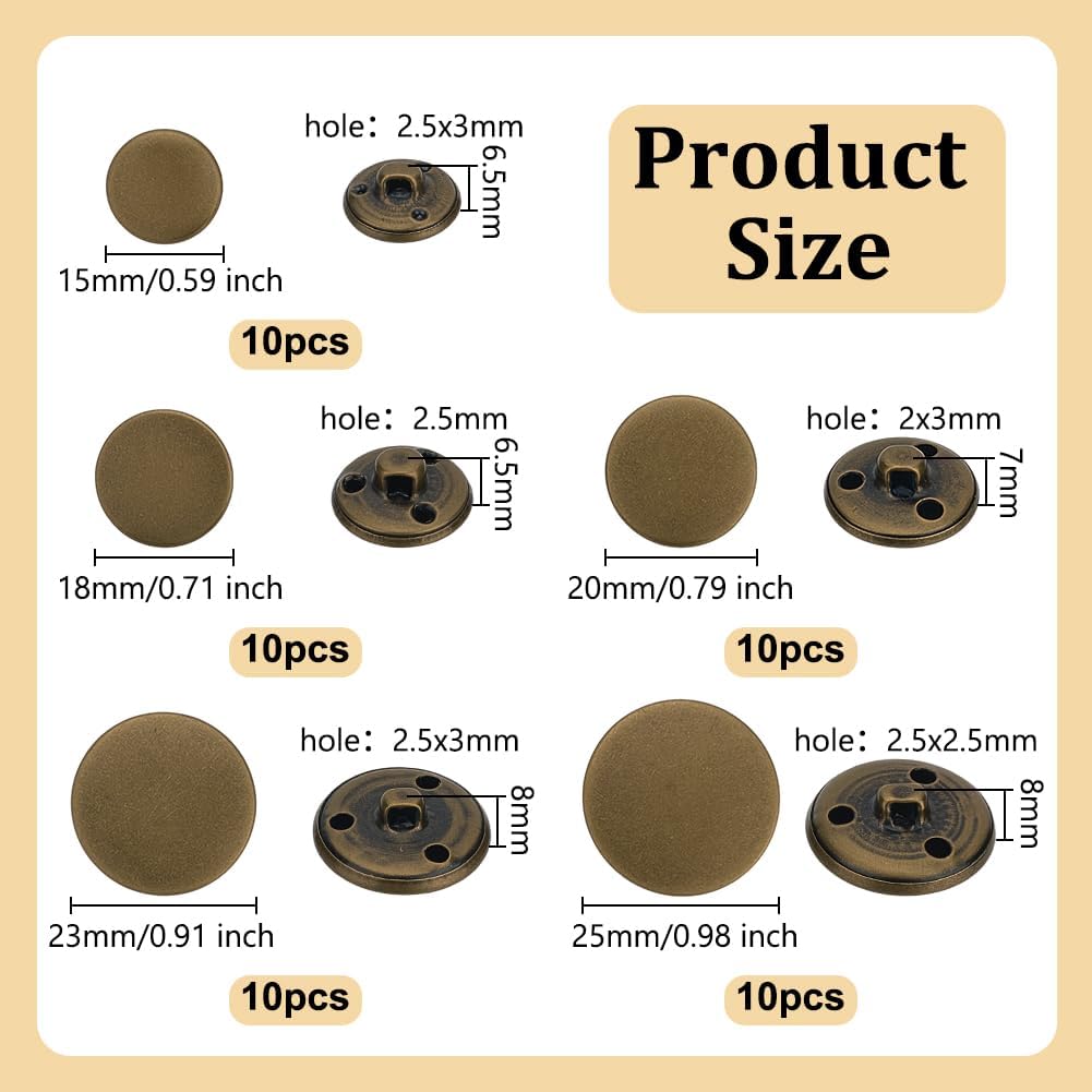 OLYCRAFT 50pcs Flat Shank Buttons Metal Blazer Button Set Brass Vintage Shank Buttons 15mm 18mm 20mm 23mm 25mm Flat Sewing Buttons for Blazer, Suits, Coat, Uniform and Jacket - Antique Bronze