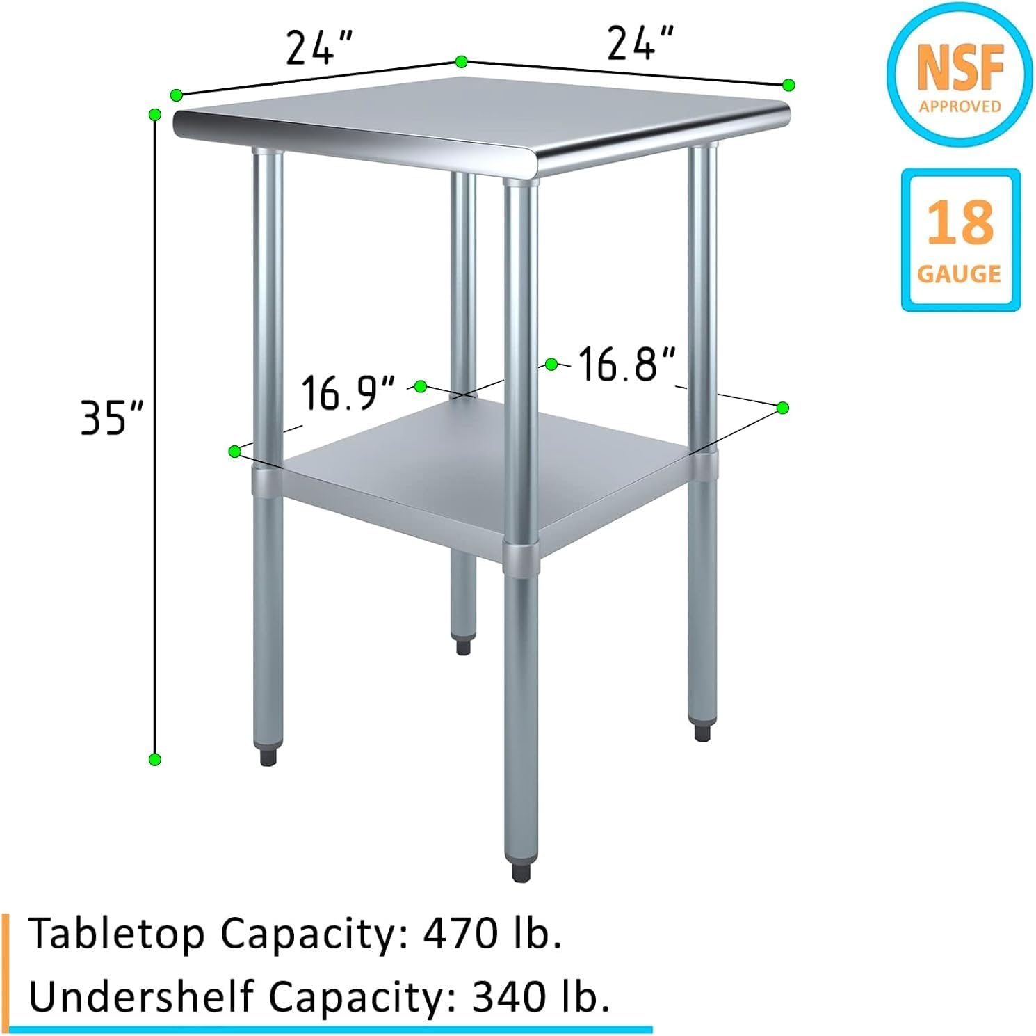 KPS Commercial Stainless Steel Work Prep Table – 24" x 24" NSF Certified Heavy-Duty Table with Adjustable Undershelf for Restaurant, Kitchen, or Garage Use