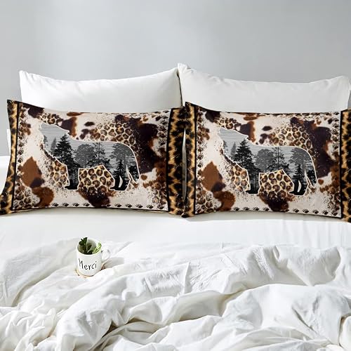 Wolf Bedding Duvet Cover Set Wild Animal Footprints Bedding Set Boys Decor Rustic Cabin Country Comforter Cover Set Nature Wildlife Wolf Brown Grey Bedspread Cover Full Size Bedding Collection 3Pcs #TOP3