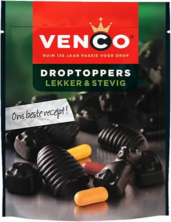 Venco Droptoppers Lekker & Stevig 215 g, Licorice Mix from Bite-Resistant Liquorice Drops from the Netherlands, Dutch Licorice, Dropmix from Holland
