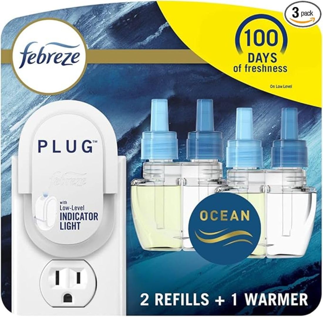 Febreze Plug In Air Freshener, Odor-Fighting Scented Oil Starter Kit, Home, Bathroom, Kitchen, Long Lasting for Strong Odors, Ocean Scent, Warmer + 2 Refill