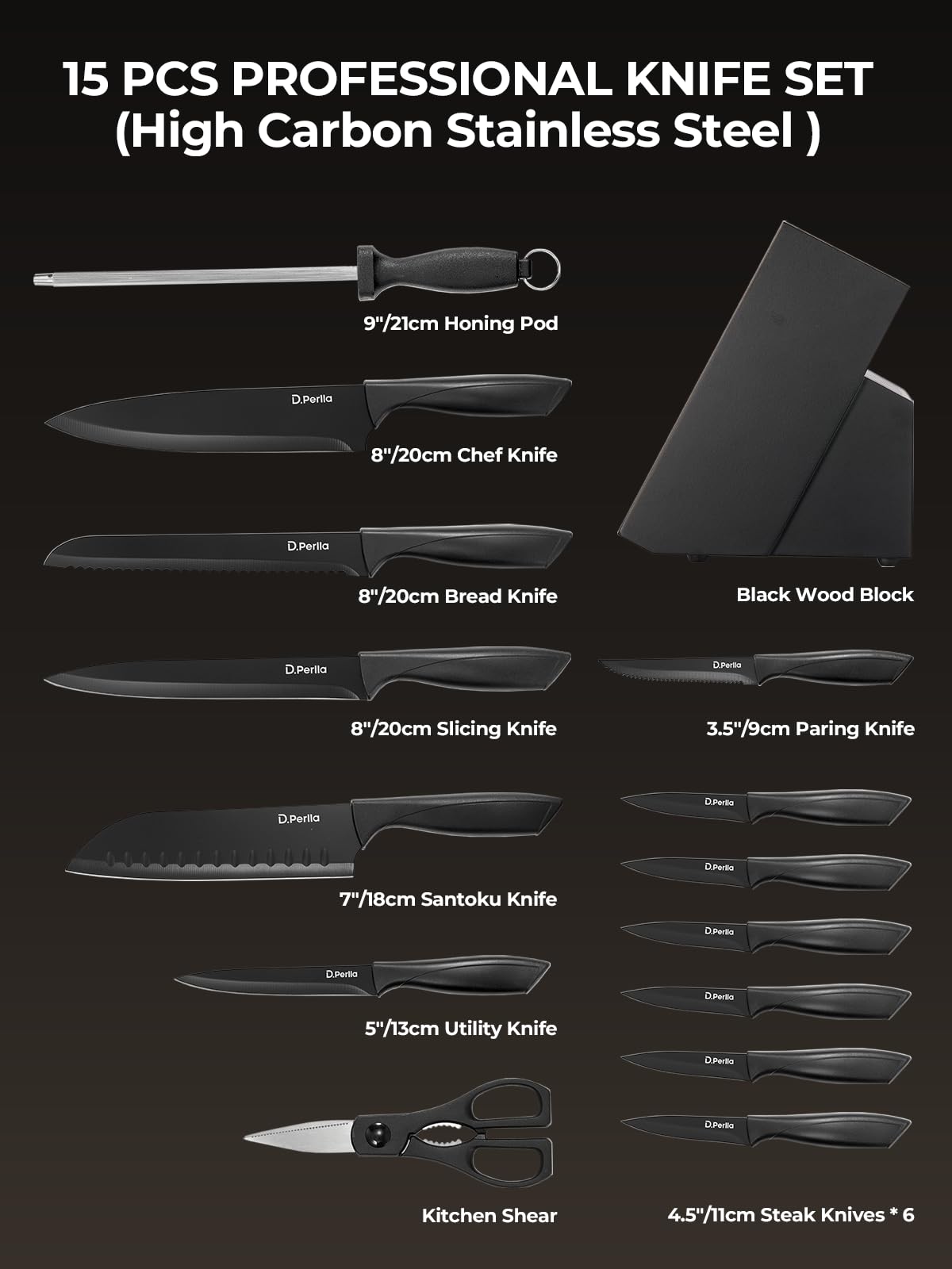 D.Perlla Couteau Cuisine, 15 Pièces Bloc Couteaux Cuisine en Acier Inoxydable, Ensemble de Couteaux Professionnels avec Bloc Couteaux en Bois, Super Aiguisé