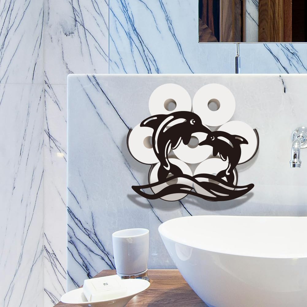 WADORN Porta Carta Igienica A Forma di Delfino, Porta Rotolo di Carta Igienica A Parete con Motivo A Forma di Animale Marino In Metallo, Divertente Porta Rotolo, per 8 rotolo Extra In Bagno