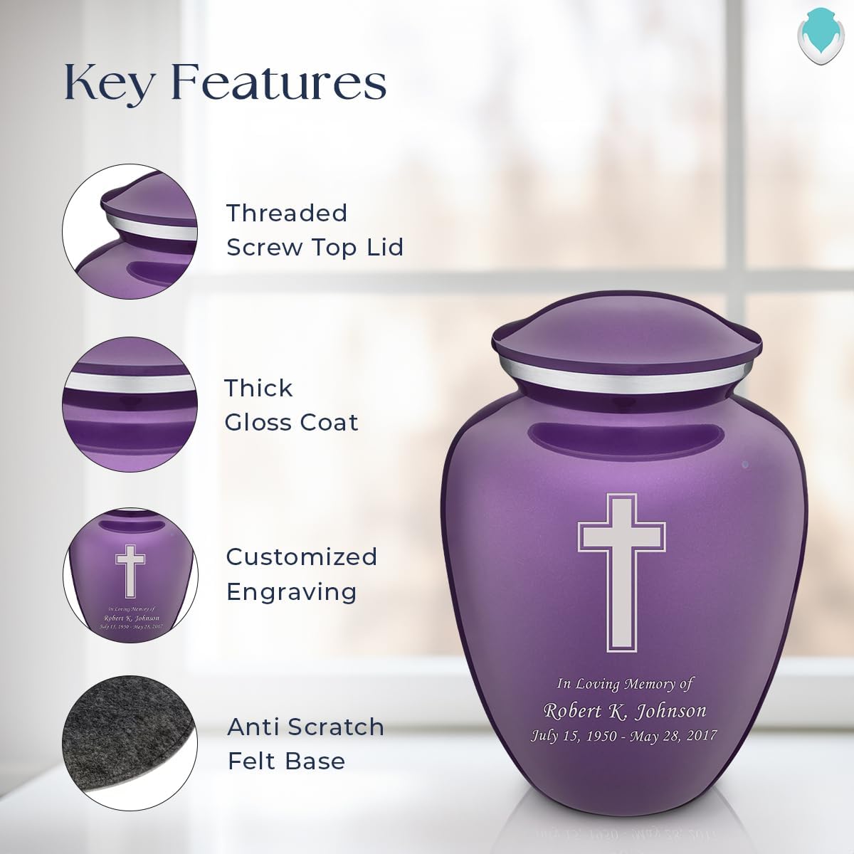 Geturns - Adult Personalized Simple Cross Cremation Urns for Human Ashes I Large Purple Funeral Urn for Men and Women I 200 lbs