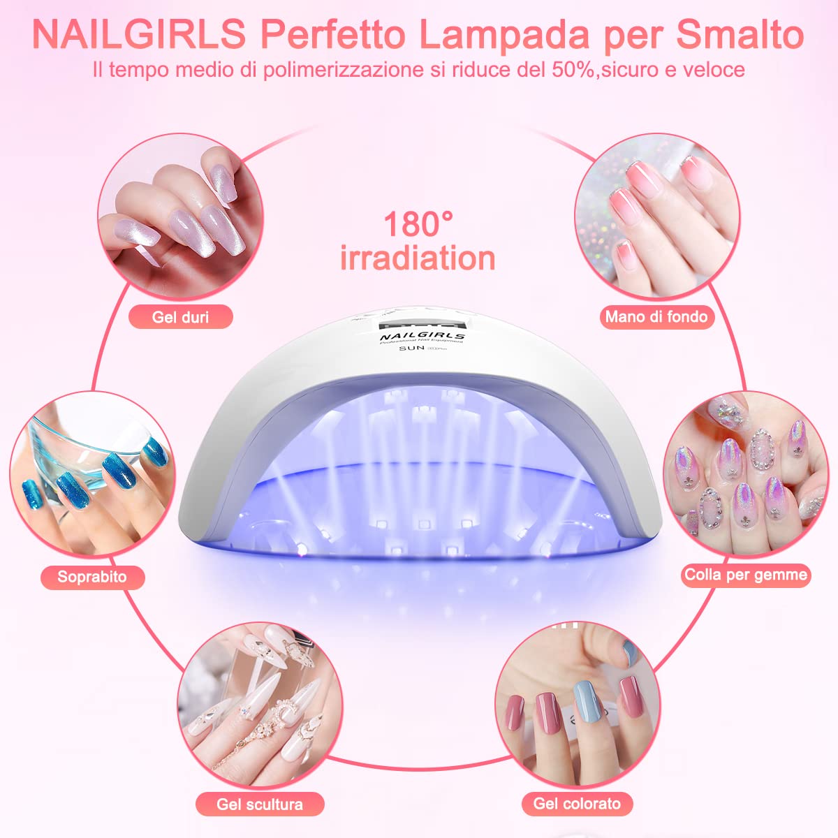 Lampade UV Per Unghie,NAILGIRLS 150W Portatile Lampada per Unghie Asciuga Smalto Fornetto Unghie per Manicure Pedicure,Sensore Di Avvio Automatico Lampada Unghie LED UV,4 Modalità Timer,Display LCD