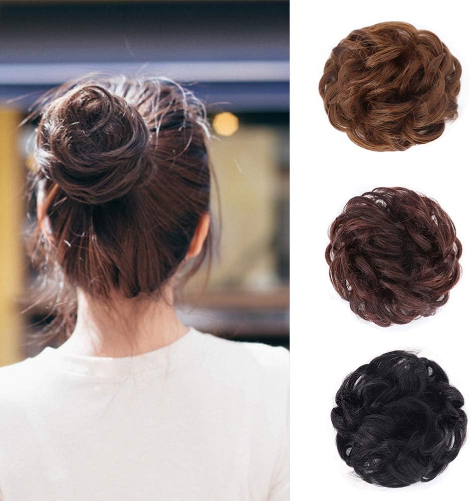 Xiaoliangyiyz 100% Human Hair Bun Messy Hair Scrunchies Curly Updo Chignons Hairpieces Extensions for Women and Kids (2# Dark Brown)