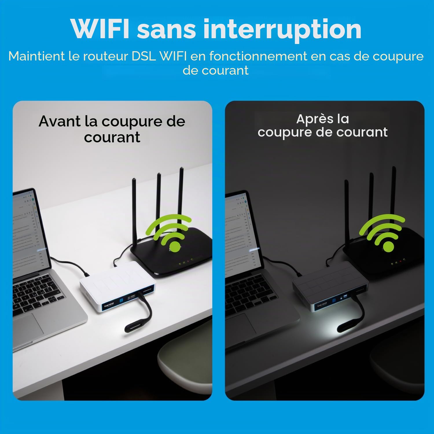 VulTech UPS60PW-DC Rev. 2.1 Blanc Mini UPS 6000mAh 60W Portable Alimentation sans Interruption pour Routeur sans Fil Modem Caméra Power Bank Smartphone Entrée 100-240 VAC USB 5V DC 12V