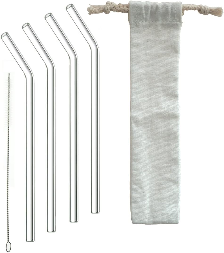 MYTHERA Premium Clear Reusable Glass Drinking Straws Set - 4 Pack, 9" x 9.0mm - FREE Cleaning Brush and 100% Biodegradable Travel Pouch - Smoothies, Juice, Tea & Coffee (4 Bent Straws)