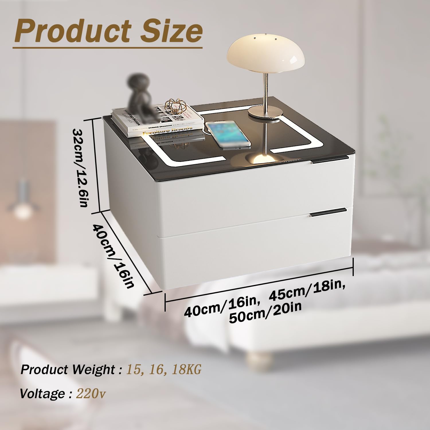 Floating Nightstand with Charging Station, Modern Night Stand with 2 Drawer, Floating Vanity Table with Adjustable LED Light, Wall Mounted Bedside Table, for Bedroom,Black,50cm/20in