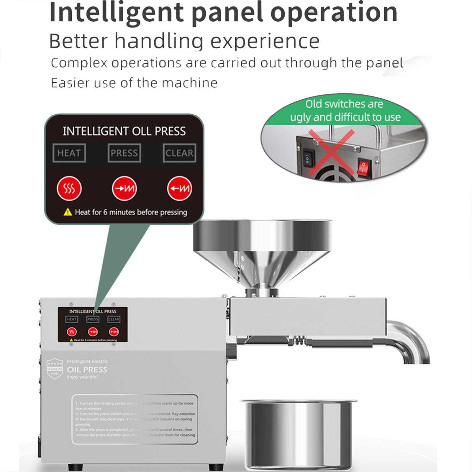 LTSRLL Máquina automática Prensa Aceite 800W-1500W, Prensa en frío/Caliente, Temperatura y Controlador Pantalla táctil, 3-6kg/h, Acero Inoxidable, para maní, Girasol, Lino, Aguacate, sésamo
