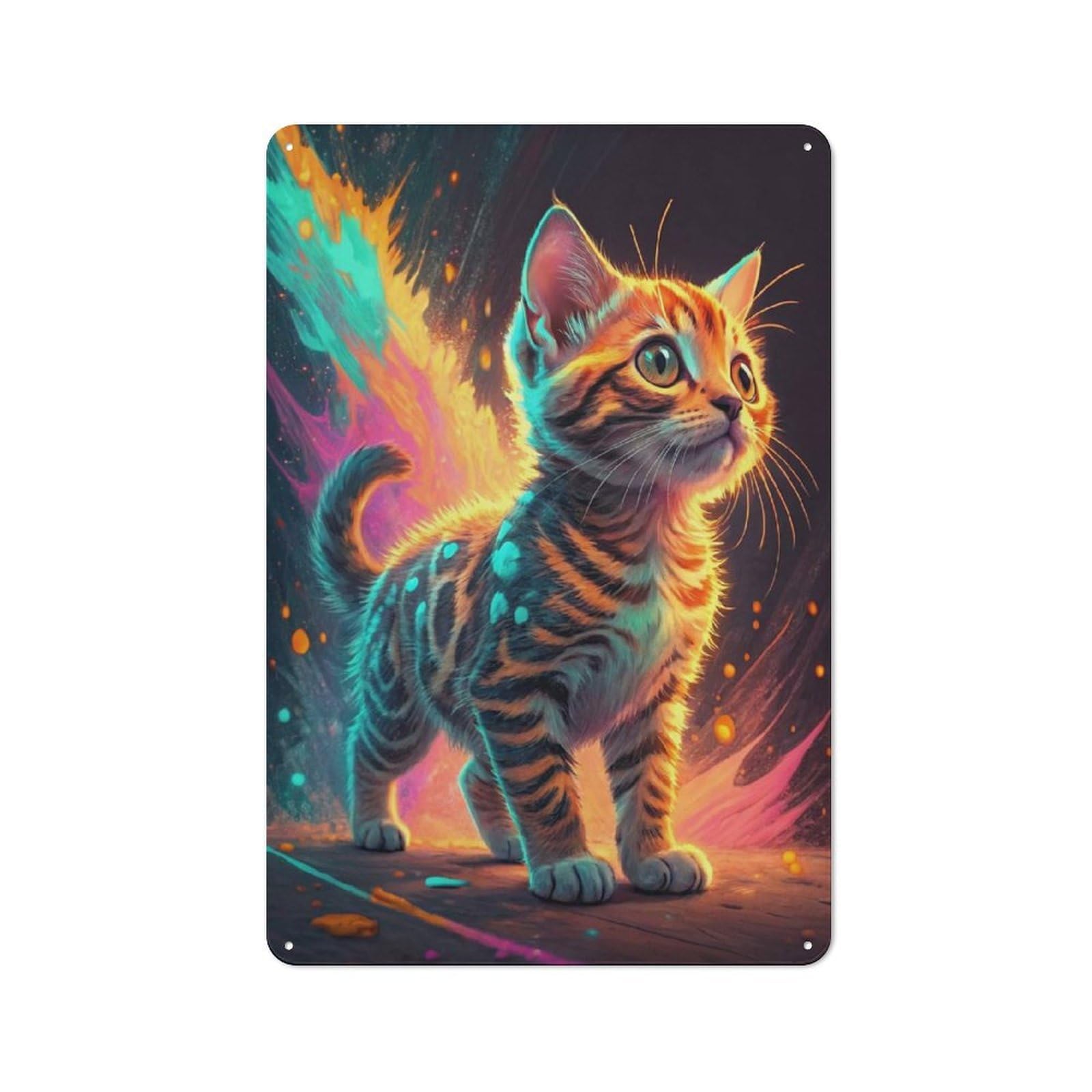 Junmoney Style-12 Modern Retro Metal Wall Art Sign 30X20cm Featuring Kitten With Fiery Aura, Urban Room Decor For Flat, Bar, Studio Or Gallery Wall