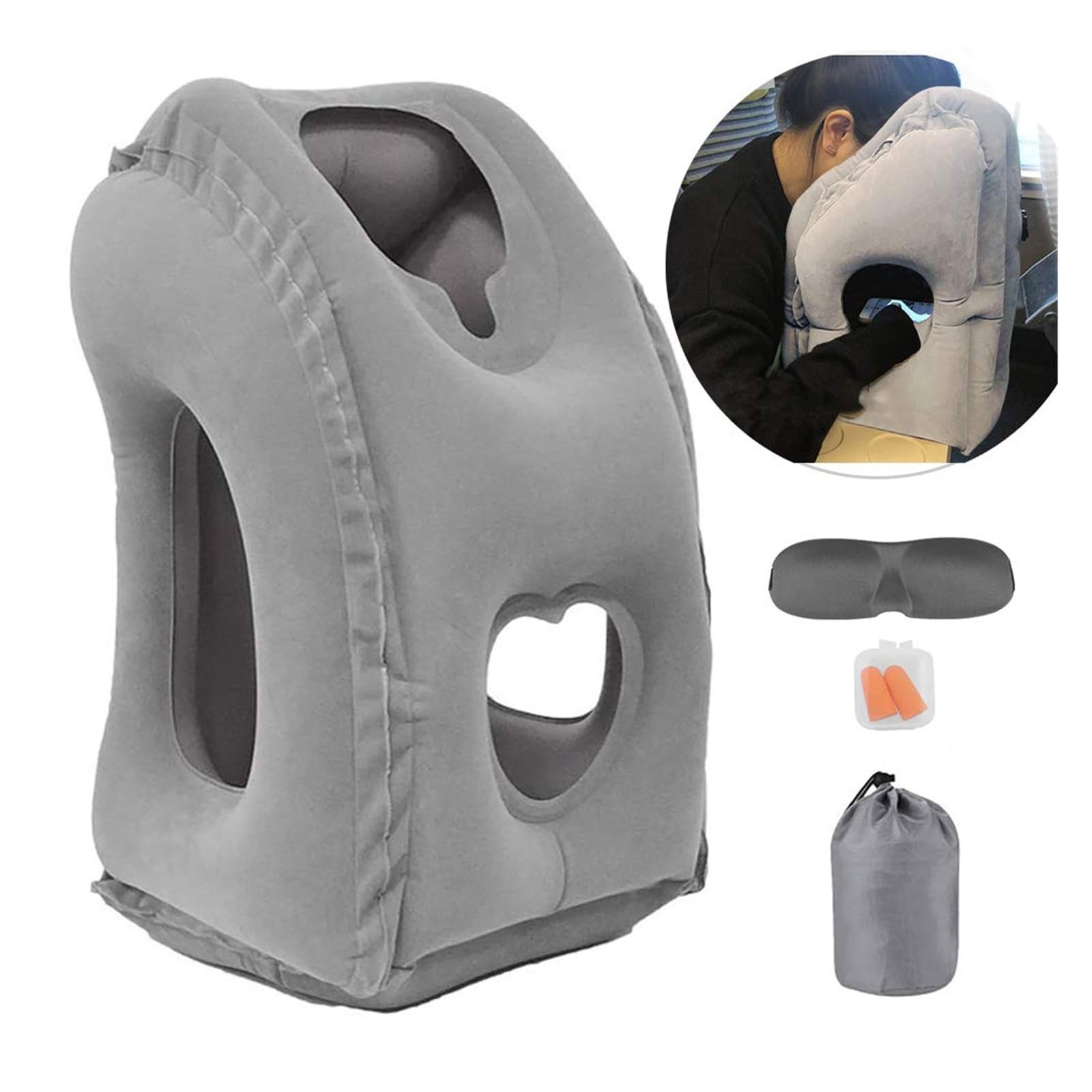 Inflatable Travel Pillow & Portable Headrest - Multi-Use Chin Neck Support Cushion for Airplane, Train, Office, Home, Camping & Outdoor Sleeping(Grey)