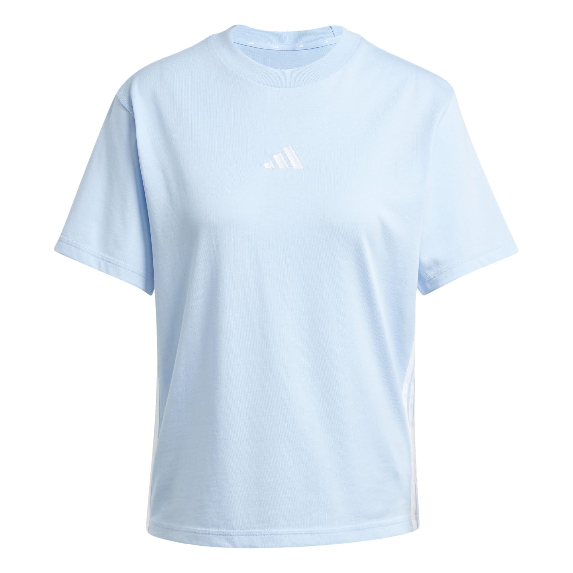 adidas Women's Essentials 3-Stripes Cotton Shirt, Glow Blue/White, XS