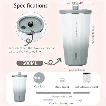TYESO Stainless Steel Coffee Bottle, 20oz Wide Mouth Travel Coffee Cup with Straw, Vacuum Insulated Stainless Steel Tumbler, Hot & Cold Thermal Mug for Home Office Outdoor, Gray