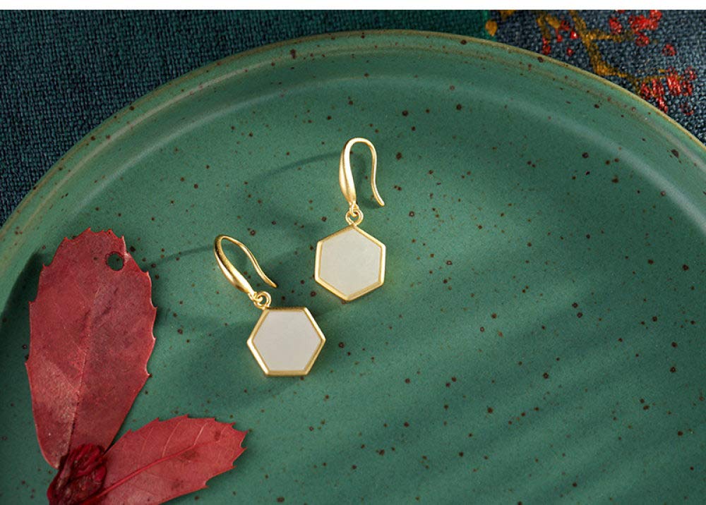 Pendientes De Gota para Mujer,Elegante Dorado S925 Pendientes De Gancho con Forma De Gota De Jade Hexagonal De Plata Anillo De Aro Ligero Hipoalergénico Pendientes De Joyería Circular para Mujeres