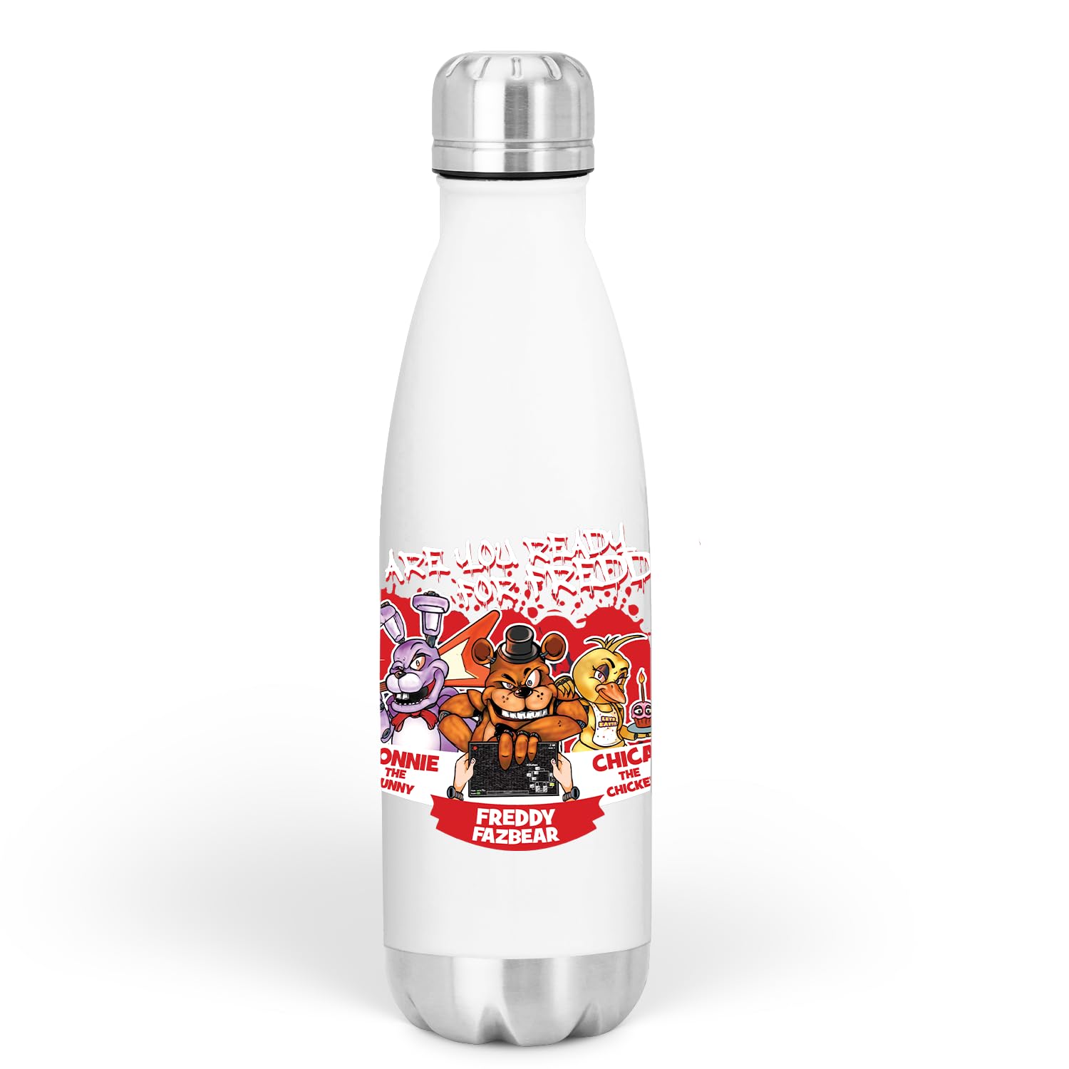 Ready for Freddy Aluminium Bottle - Nightmare Puppet Chica Bonnie Game Gamer Teen Present Water Coffee Thermo Durable Insulated Lightweight (White)