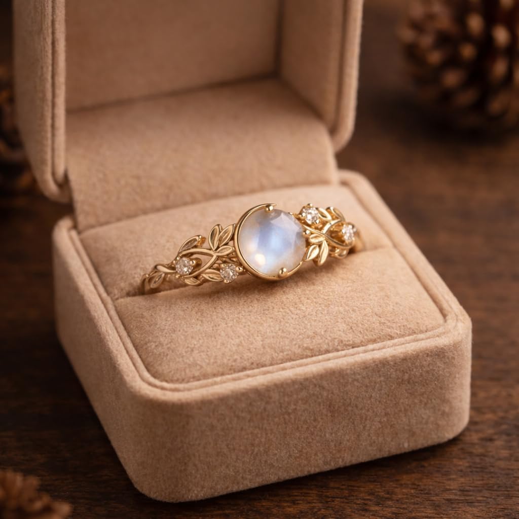 Round Cut Moonstone Engagement Ring 10K Yellow Gold Nature Inspired Diamond Accent Ring Art Deco Vintage Style Handmade Promise Ring Unique Fine Jewelry Gift for Her