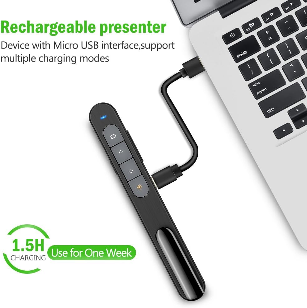 DinoFire USB Rechargeable RF 2.4 GHz Green Light Presentation Remote, Powerpoint Clicker Wireless Presenter Presentation Clicker Slide Advancer for Mac/Keynote/PC/PPT : Office Products