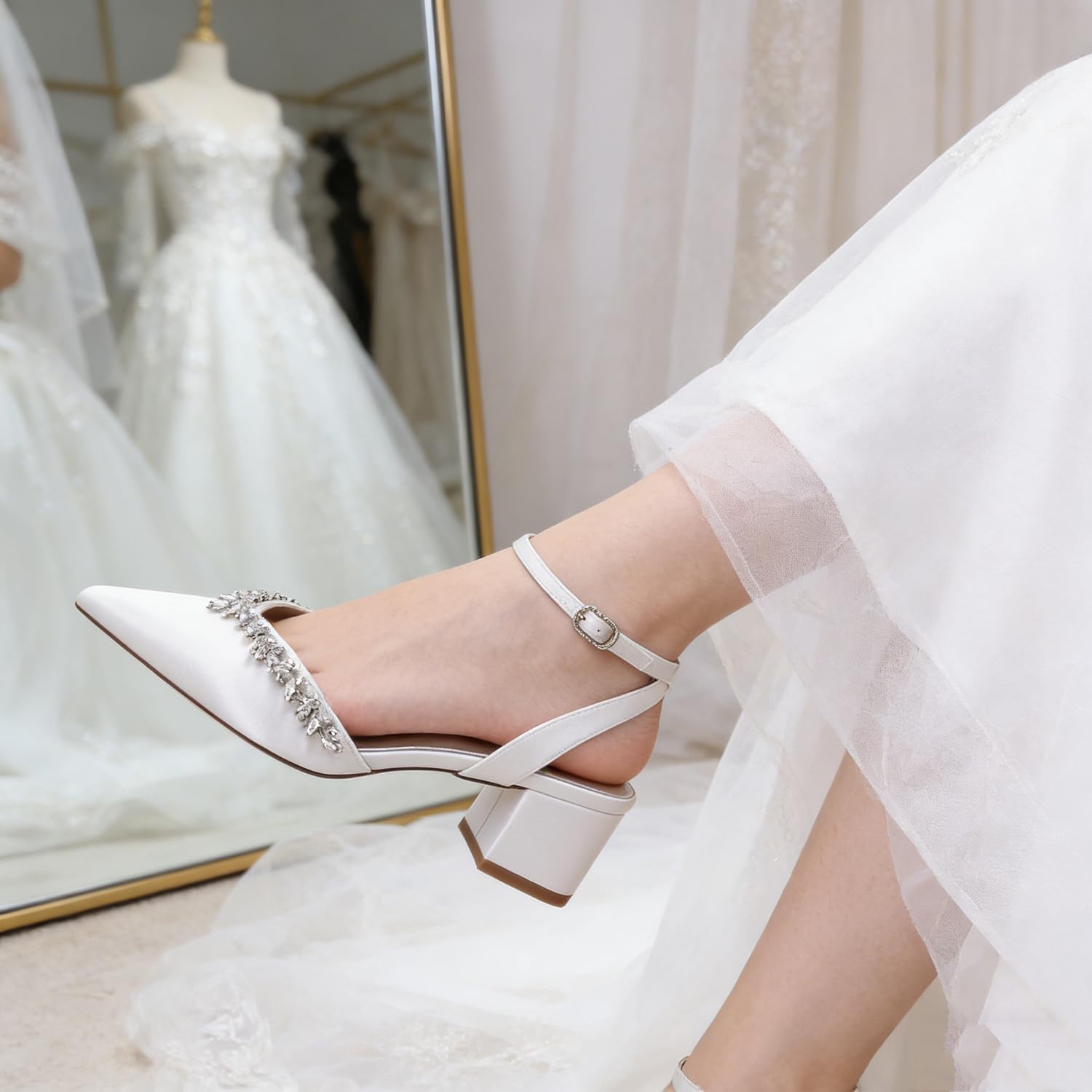 Scarpe da Sposa Donna Punta A Punta Slingback Sandali Scarpe da Sposa da Sera con Strass Tacco Largo 4.5CM