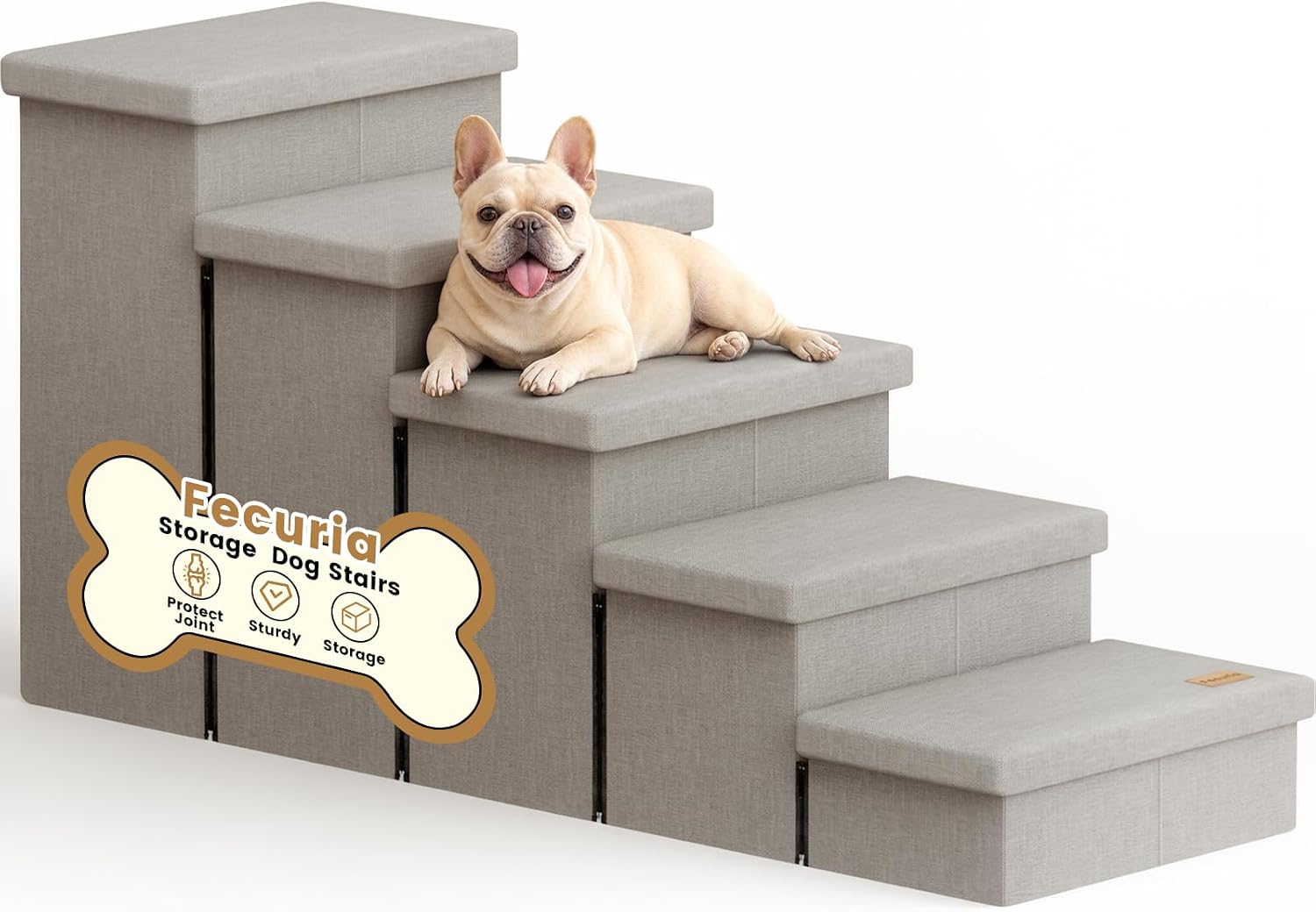 5-Step Wide Dog Stairs with Storage 23″ H, Non-Slip Sturdy Pet Steps for High Bed Couch Window, Pet Stairs for Small/Medium/Large Old Dogs Cats Up to 260lbs, Cat Dog Steps for Car/SUV, Grey