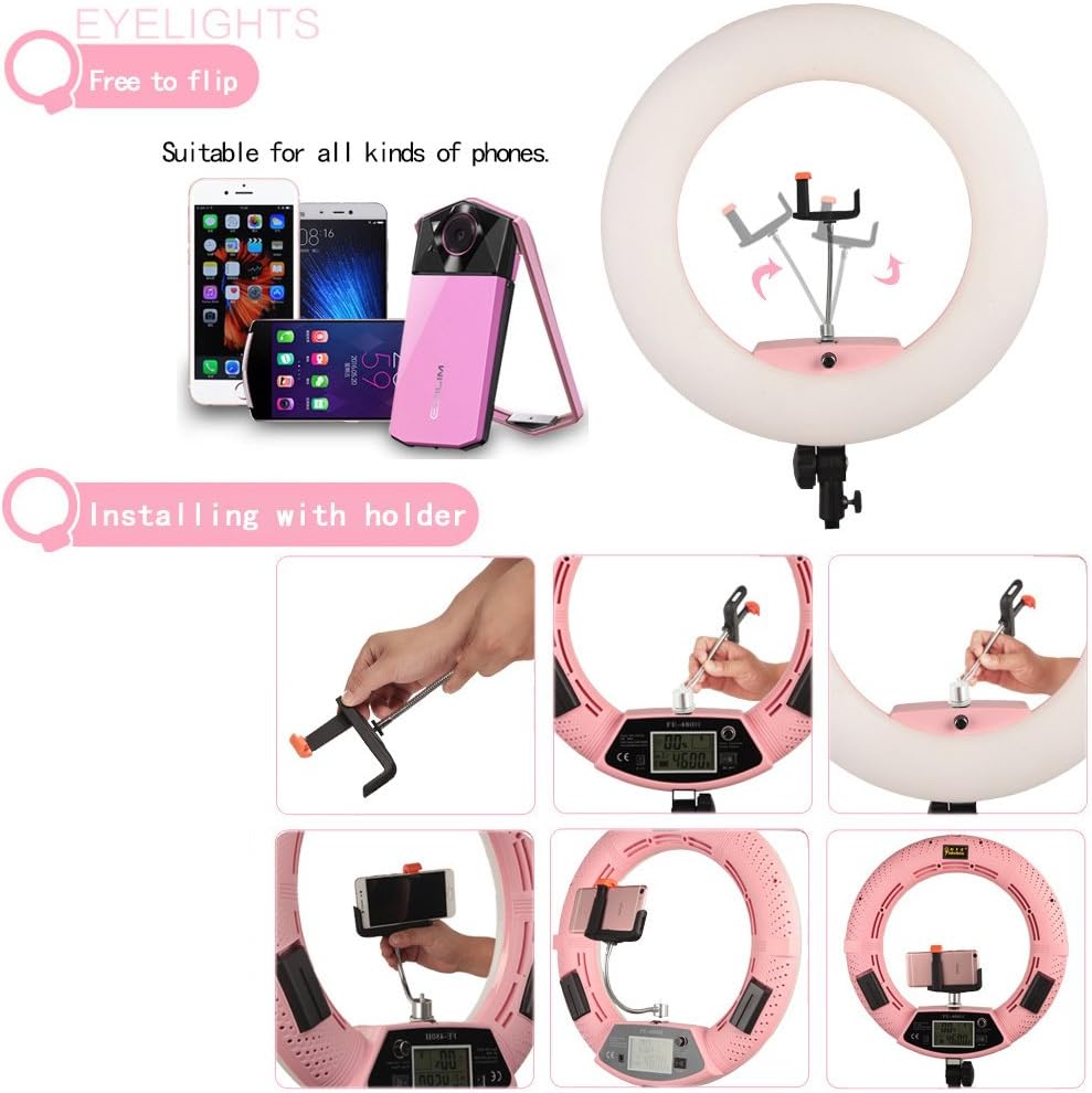 Dimmable Bi-Color LED Ring Light FE-480II for Portrait Selfie YouTube Photo Video Studio Makeup Lighting with Remote, Tripod, Mirror, Phone Holder, Batteries, Chargers and Carrying Case Pink
