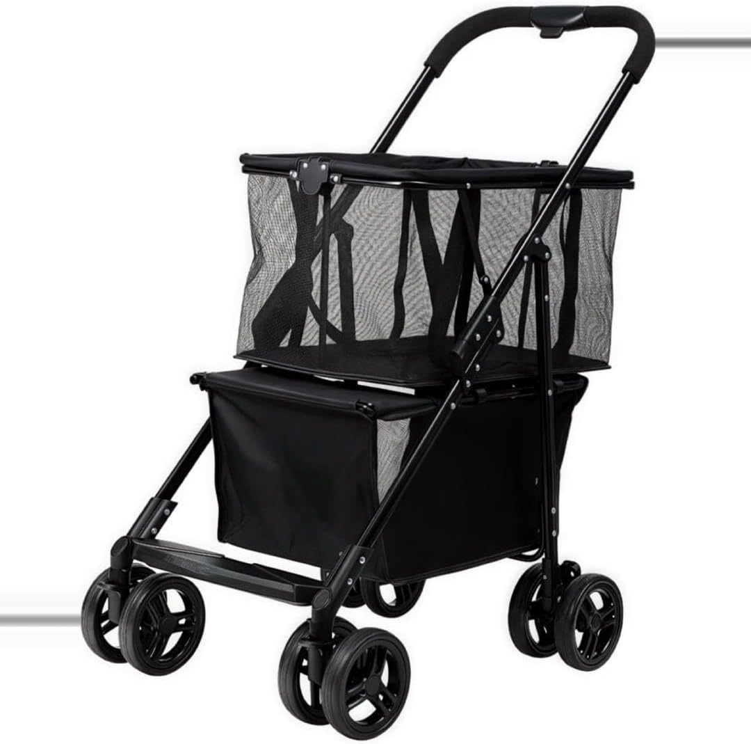 折りたたみショッピングカート ブラック 収納バスケット付き 多機能 折りたたみ ショッピングカート 4輪 軽量 大容量