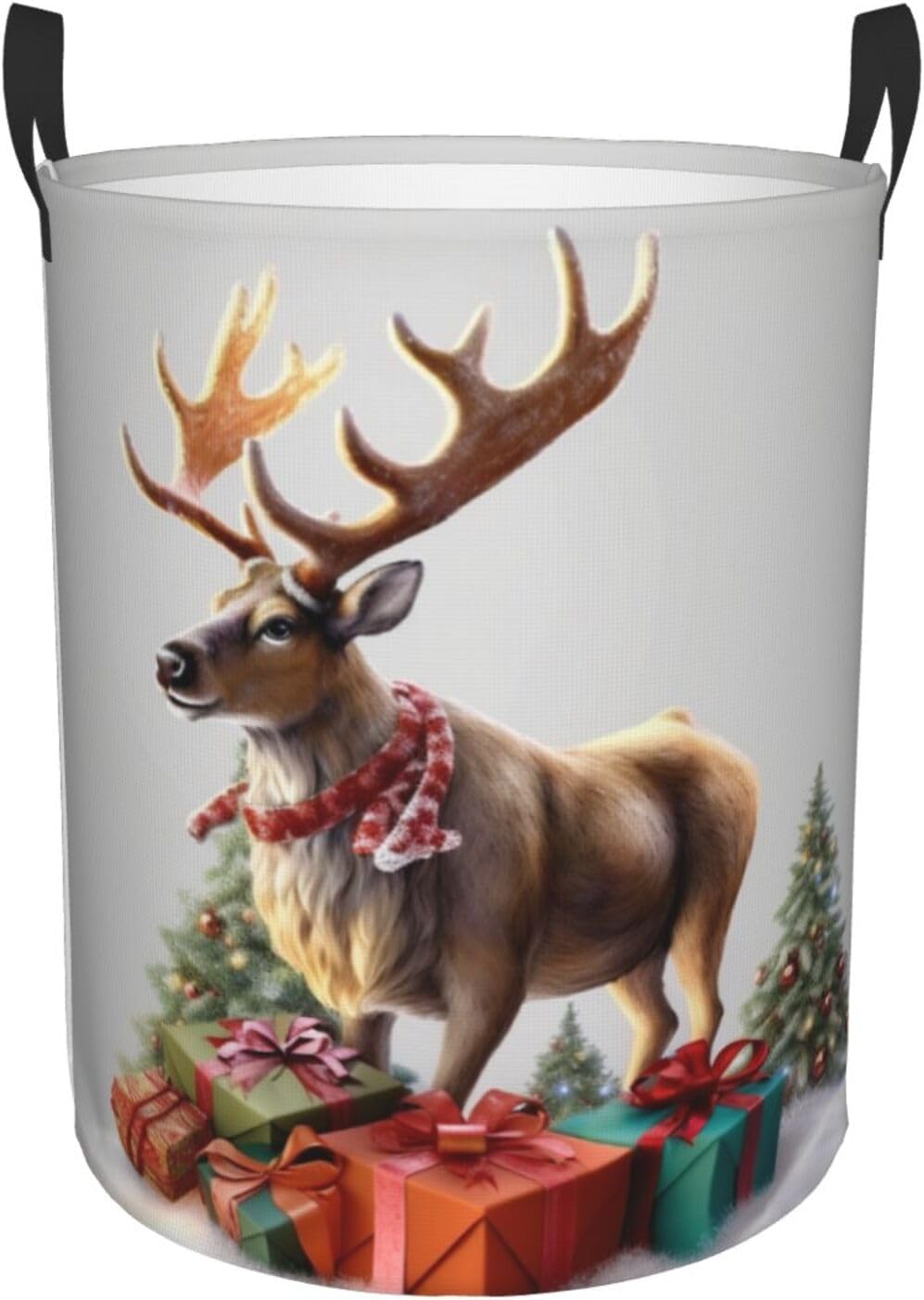 Christmas Gift Reindeer print Circular Hamper Waterproof Storage Bin Organizer Basket Laundry Hamper With Handles For Clothes Toys Small