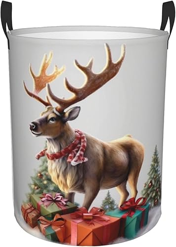 Christmas Gift Reindeer print Circular Hamper Waterproof Storage Bin Organizer Basket Laundry Hamper With Handles For Clothes Toys Medium