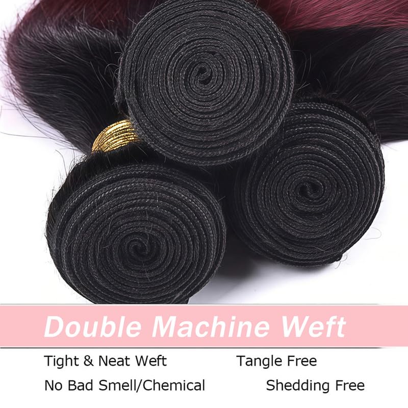 T1B/99J Ombre Burgundy Bundles Human Hair Body Wave 14 16 18 Inch Body Wave Human Hair Bundles Brazilian Virgin Remy Quick Weave for Black Women T1B/99J Color