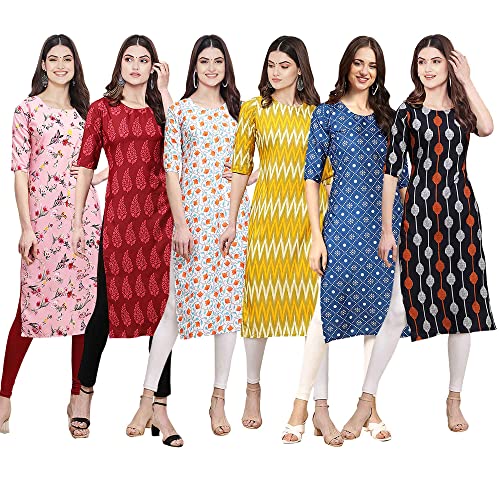 Image of Pinkmint Women's Crepe Digital Print Straight Kurta [Pack of 6] (CKE-329-353-330-333-341-343)