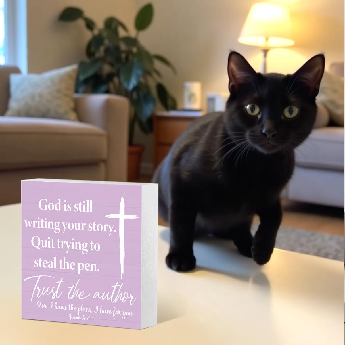 Purple Office Wood Box Desk Decor Signs,God Is Still Writing Your Story,Christian Scripture Bible Verse Prayer Room Purple Stuff Sign Decorations for Home Office Wall Tabletop Shelf Decor image 4