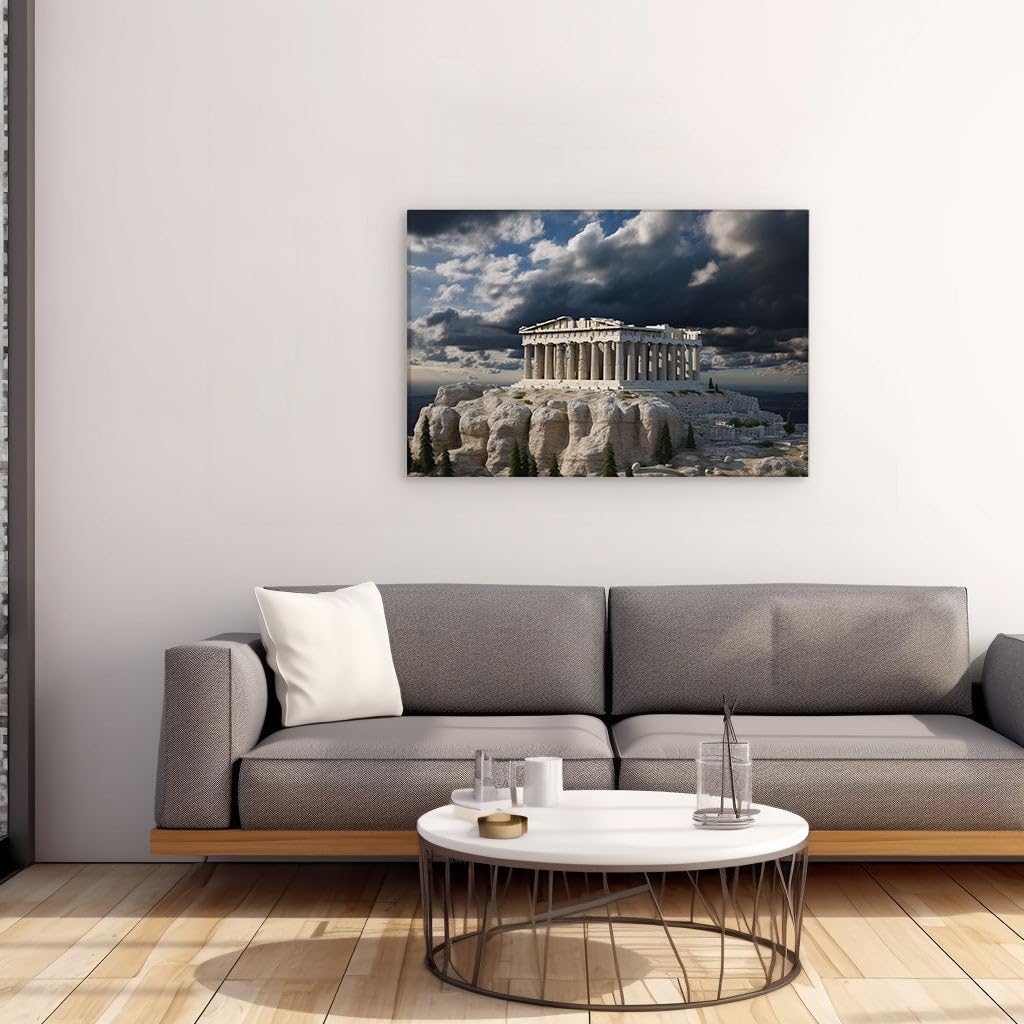 Canvas for Living room. Majestic Parthenon Against a Brooding Sky - A Blend of Human Triumph and Nature's Drama, 27 x 18 inch Canvas Wall Art - Contemporary Masterpieces - Modern Home Decor
