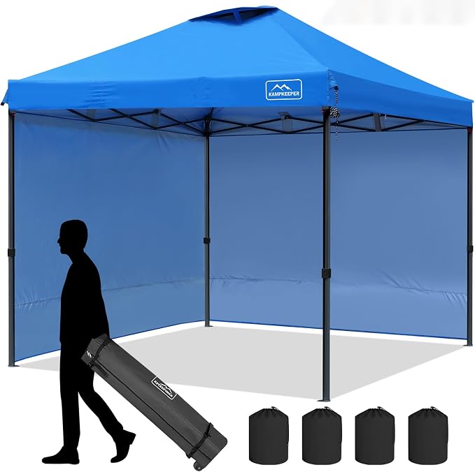 KAMPKEEPER 10x10 Pop Up Canopy Tent with 2 Sidewalls, Beach Tent - Easy Outdoor Sun Shade for Events, Parties, Camping - Gazebo with 4 Weight Bags & Carry Bag.（White）