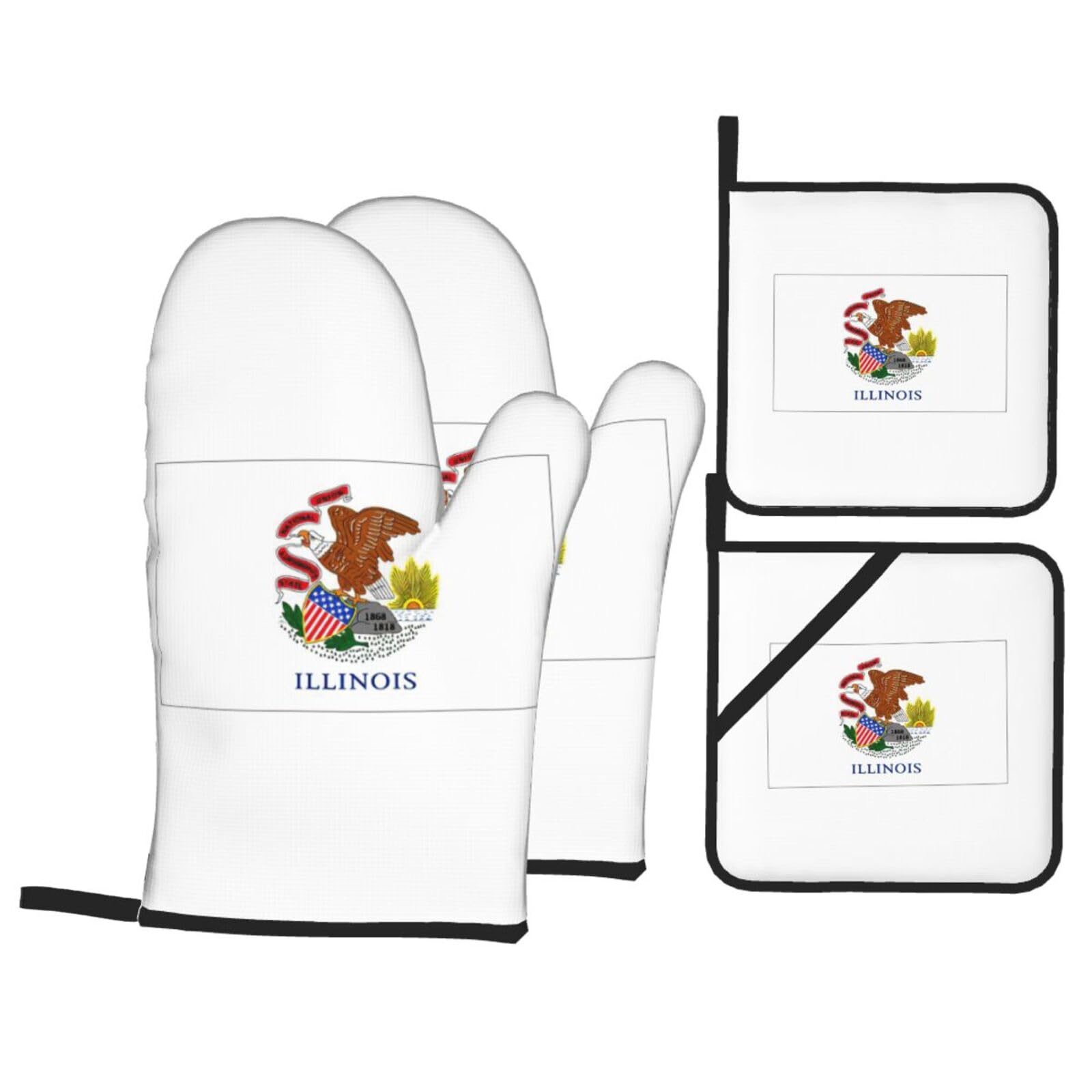Illinois State Flag Print 4-Piece Oven Microwaving Set Waterproof Kitchen Gloves for Baking Grilling Cooking
