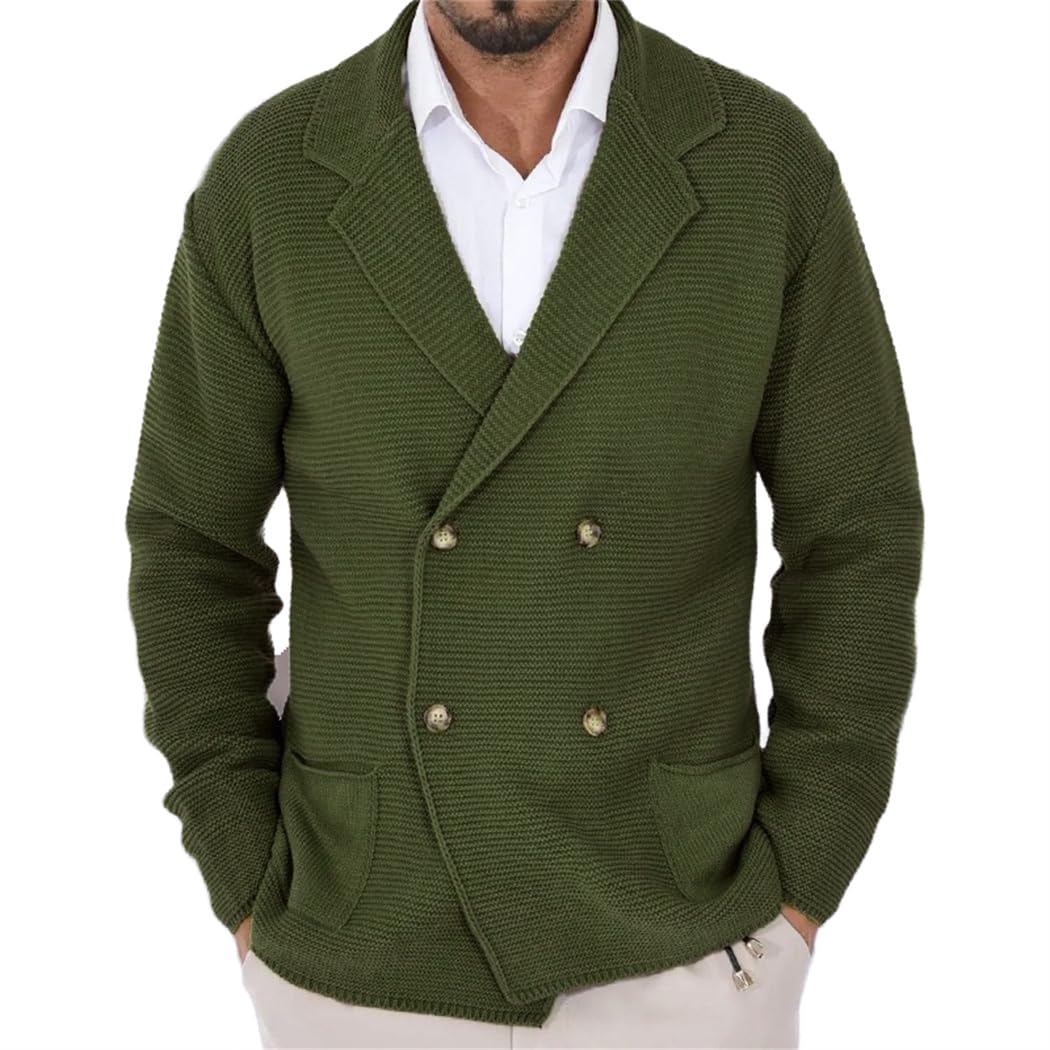 Wekumgy Mens Cardigan Sweater Shawl Collar Cable Knit Cardiagn Winter Warm Button Down Sweaters with Pockets Green