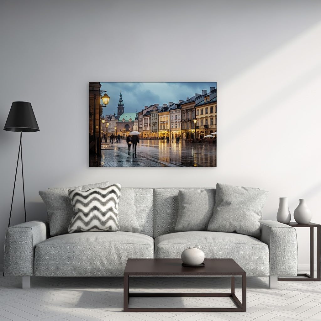 Canvas for Living room. Enchanted Rain-Swept Evening Along Krakow's Cobblestone Paths, 27 x 18 inch Canvas Wall Art - Urban Rivers And Lakes - Modern Home Decor