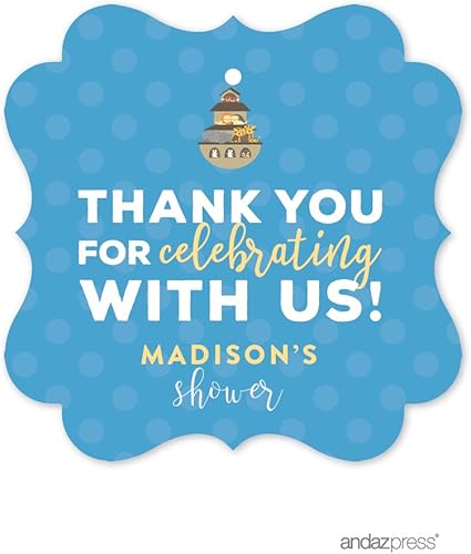 Andaz Press Noah's Ark Baby Shower Collection, etiquetas de regalo personalizadas con marco elegante, Thank You for Celebrating with US, paquete de
