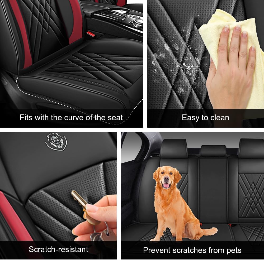 Car Seat Covers Fit for Honda Accord 1999-2025 Airbag Compatible 360° Full Wrapped Set Covers Premium Nappa Leather Storage Pocket Zipper Design, Black Red, Full Set with Pillow