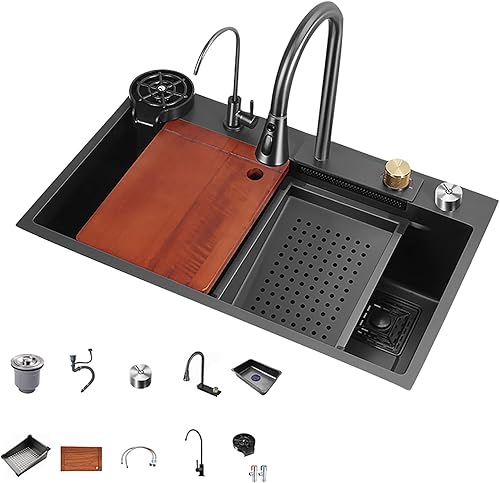 Fregadero de cocina de acero inoxidable 304, fregadero de cascada nano negro con grifo extraíble de lluvia voladora, lavadora de tazas o instalación