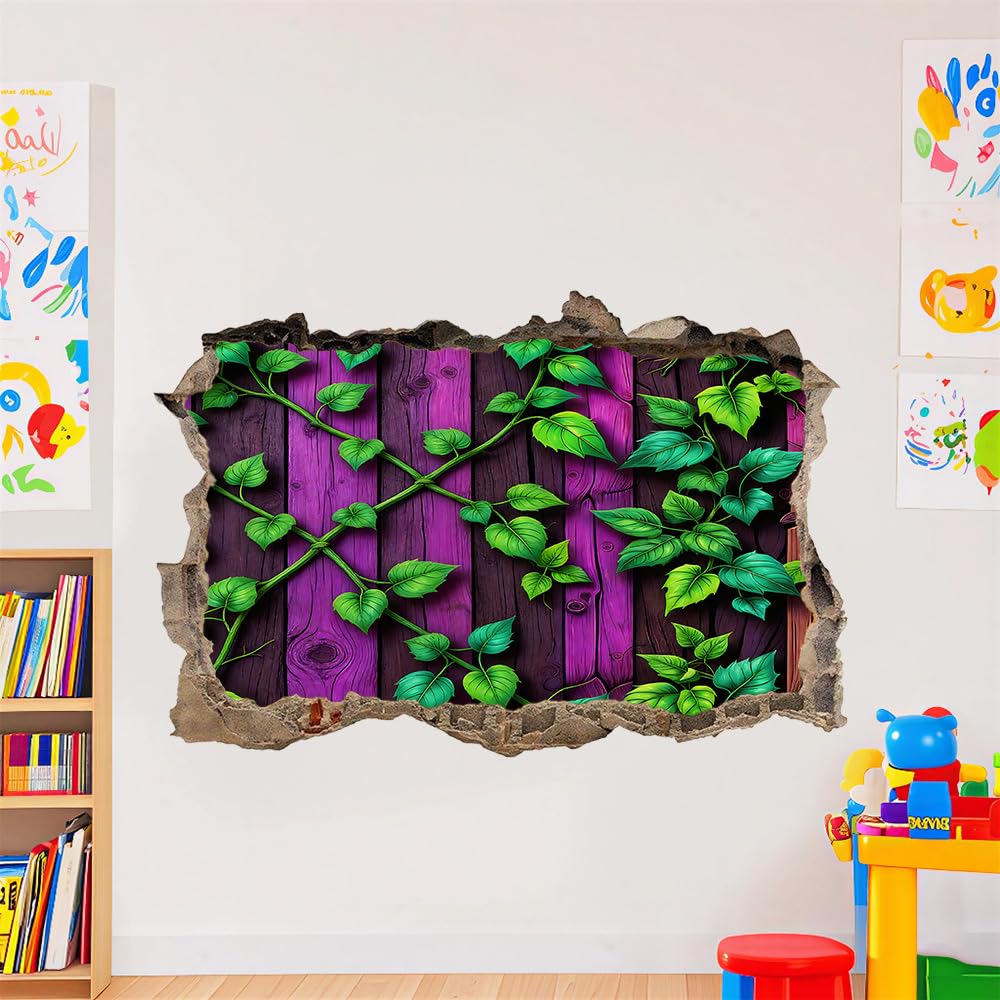 3D Wandtattoos Durchbruch Wandbild Grüne Ranken Kinderzimmer Aufkleber Wandaufkleber Lila Streifen Wandsticker für Kinderzimmer Junge Zimmer Wohnzimmer Schlafzimmer