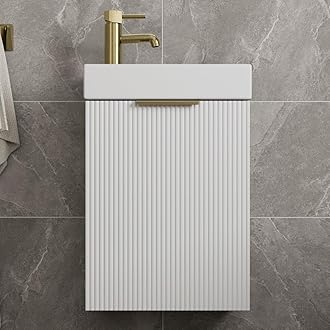 Fluted 400mm Bathroom Vanity Unit Ceramic Wash Sink, Cloakroom Storage Furniture Under Basin Cabinet Wall Hung Cupboard, Matt White